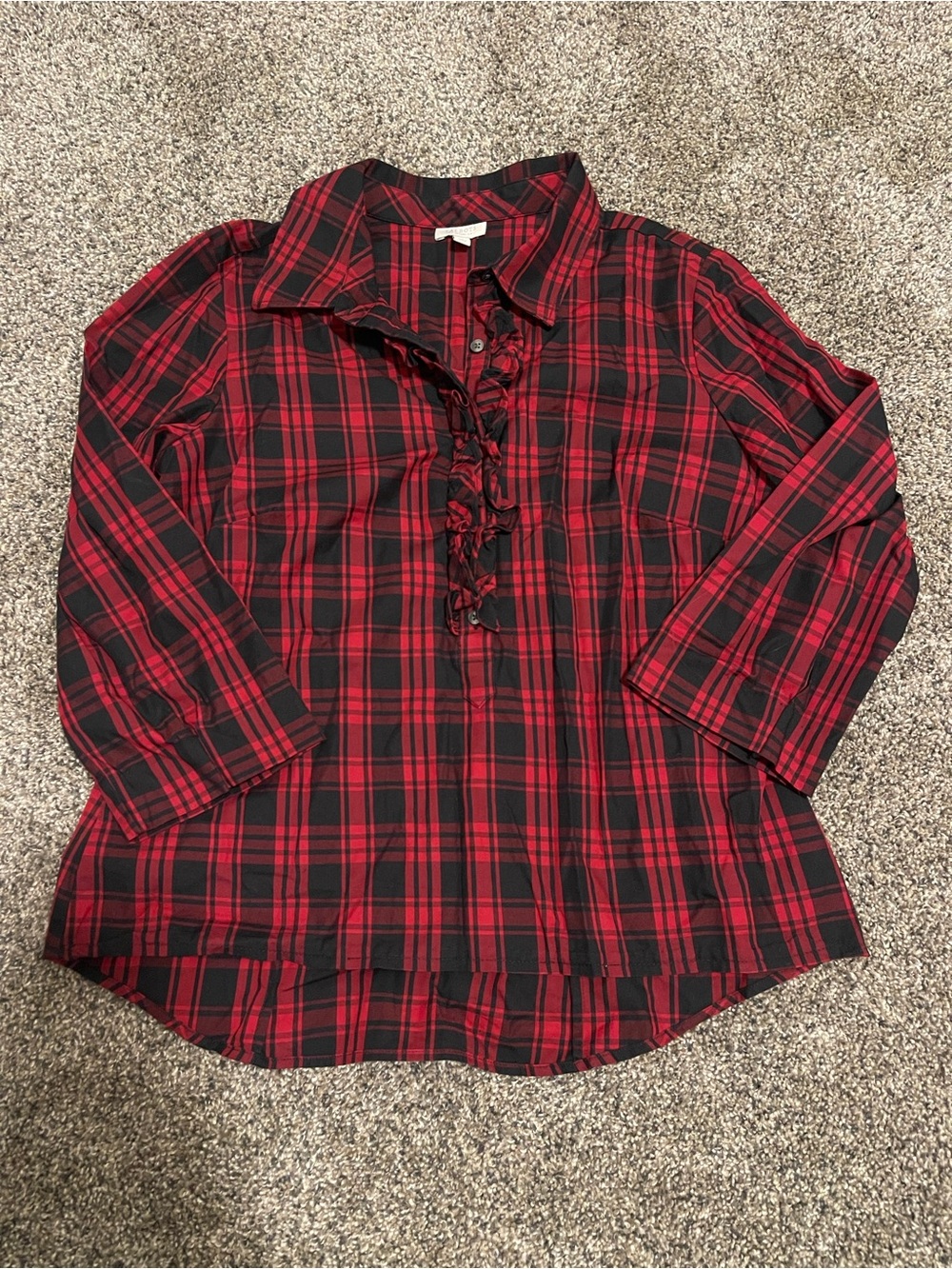 Talbots Red and Black Plaid Ruffle-Front Button Down Shirt